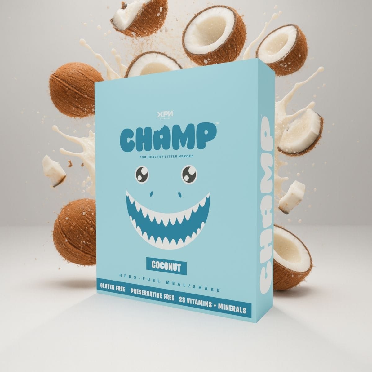 XPN Nutrition CHAMP kids cereal and meal replacement shake boxes, featuring colorful packaging and product information.